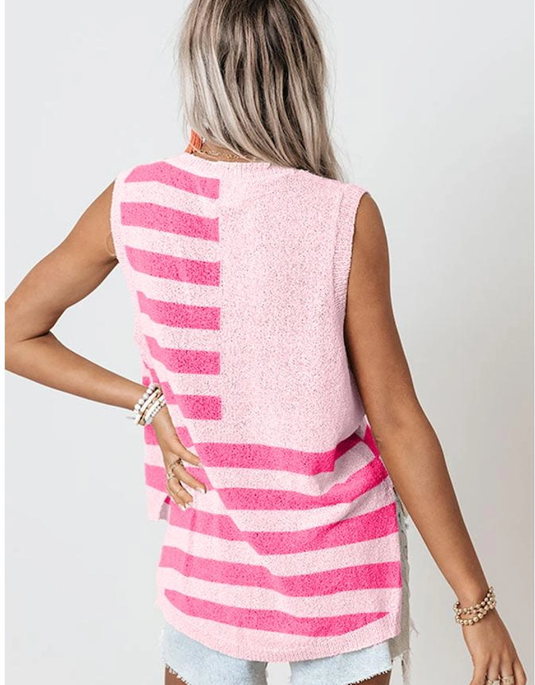 Pink Stripe USA Flag Notched Neckline Loose Sweater Vest, 5 of 4