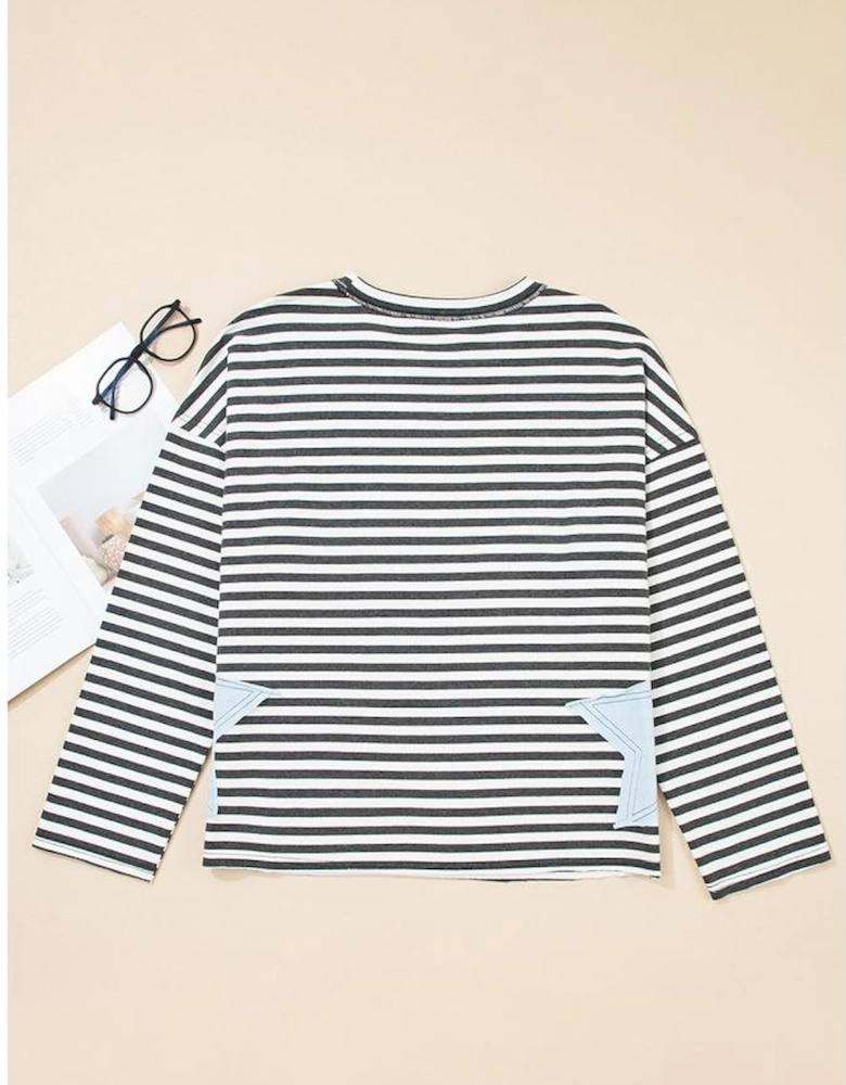 Gray Stripe Contrast Star Stitched Plus Size Long Sleeve Top