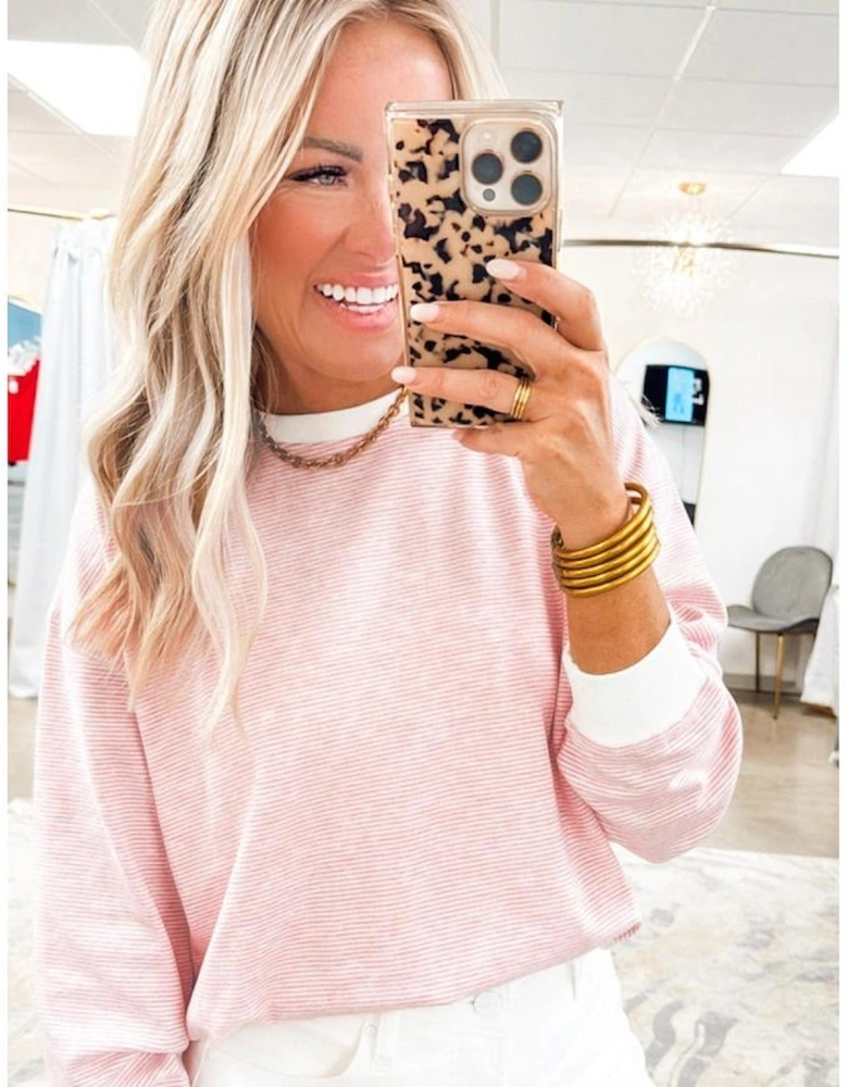 Pink Stripe Contrast Edge Patchwork Long Sleeve Top