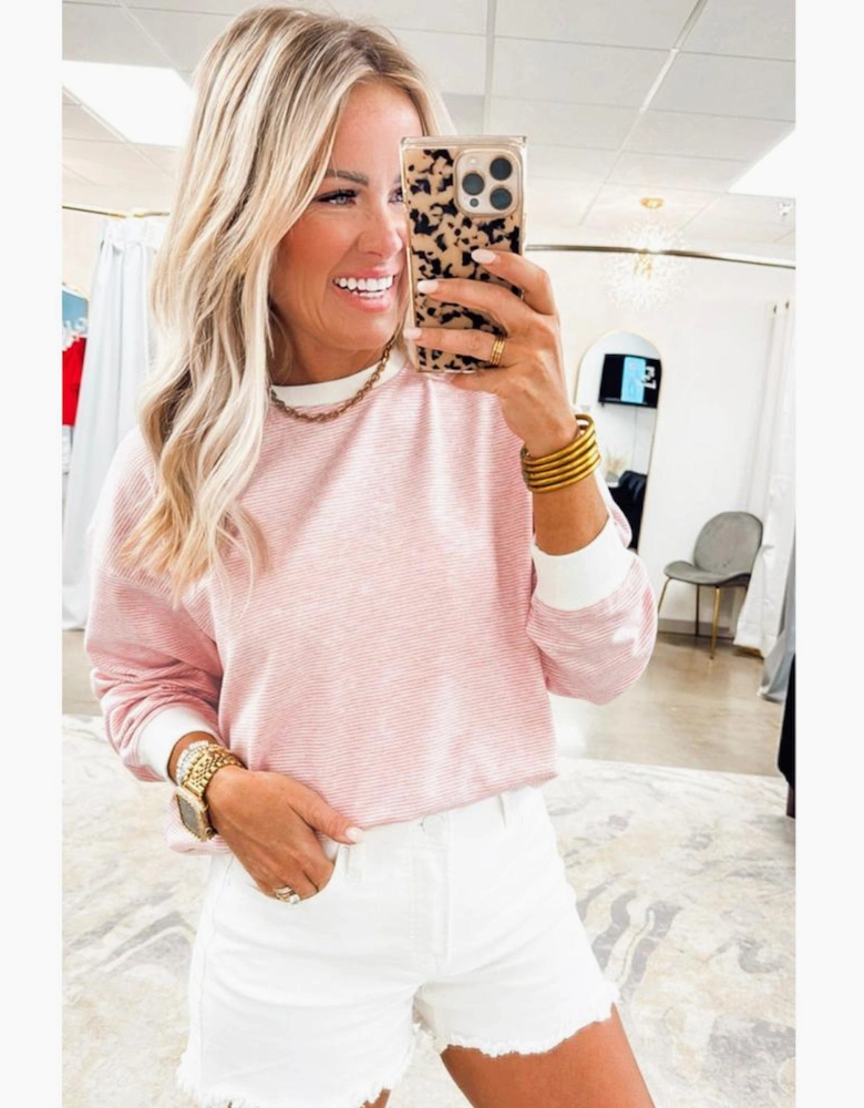 Pink Stripe Contrast Edge Patchwork Long Sleeve Top