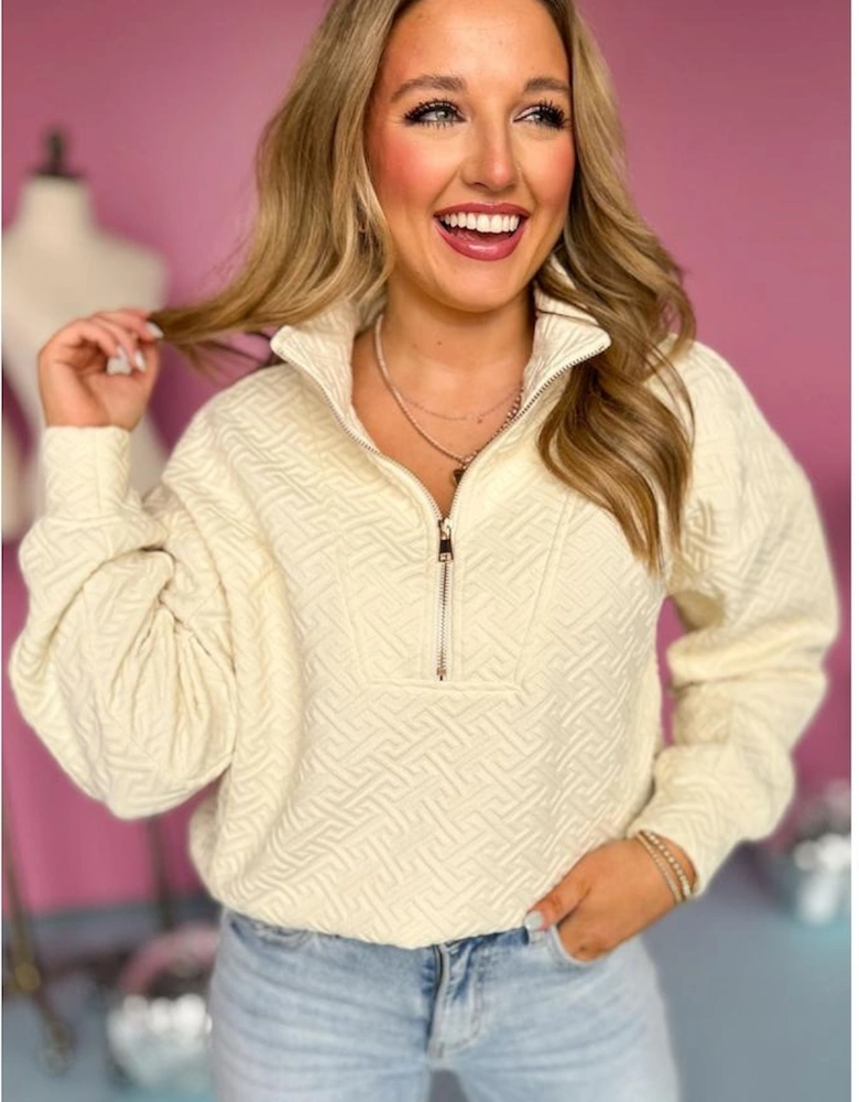Beige Solid Textured Half Zipper Collared Sweatshirt