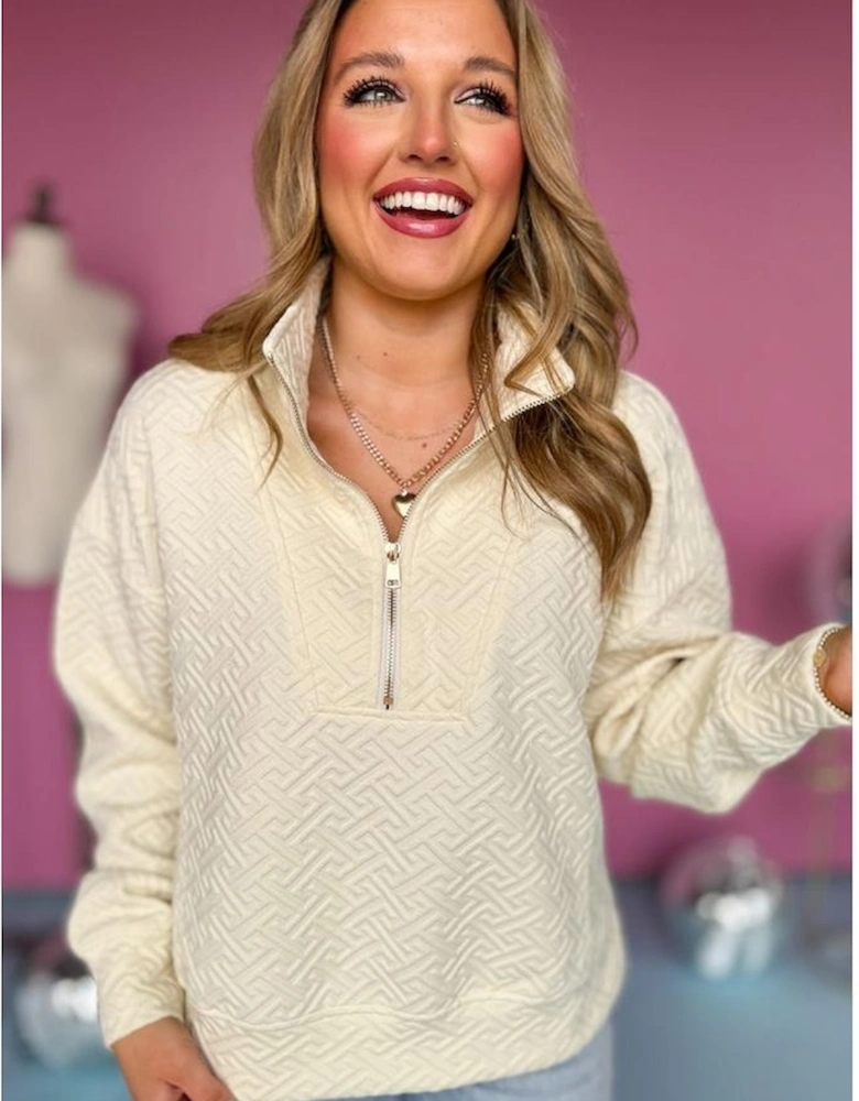 Beige Solid Textured Half Zipper Collared Sweatshirt