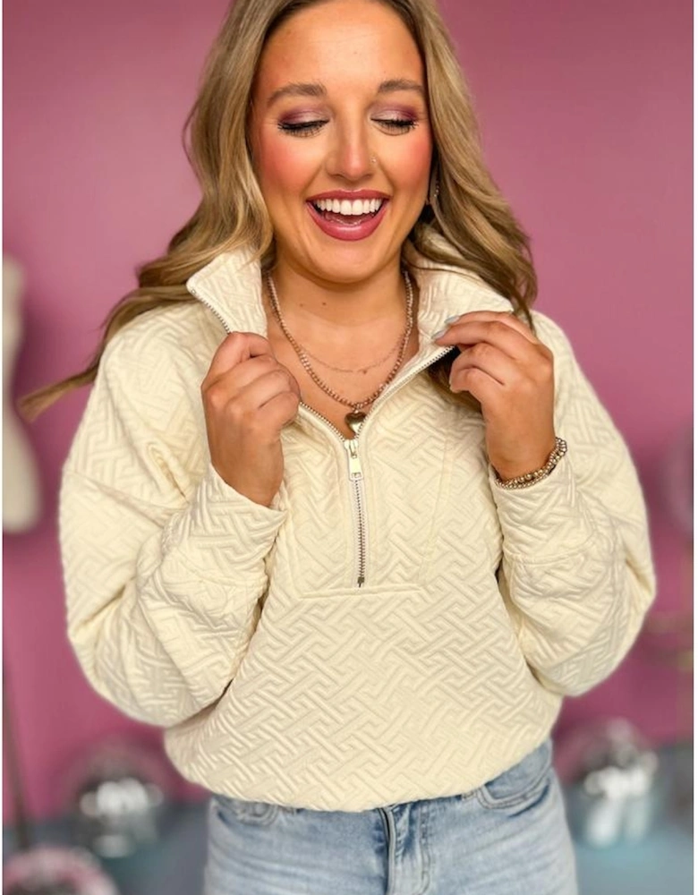 Beige Solid Textured Half Zipper Collared Sweatshirt