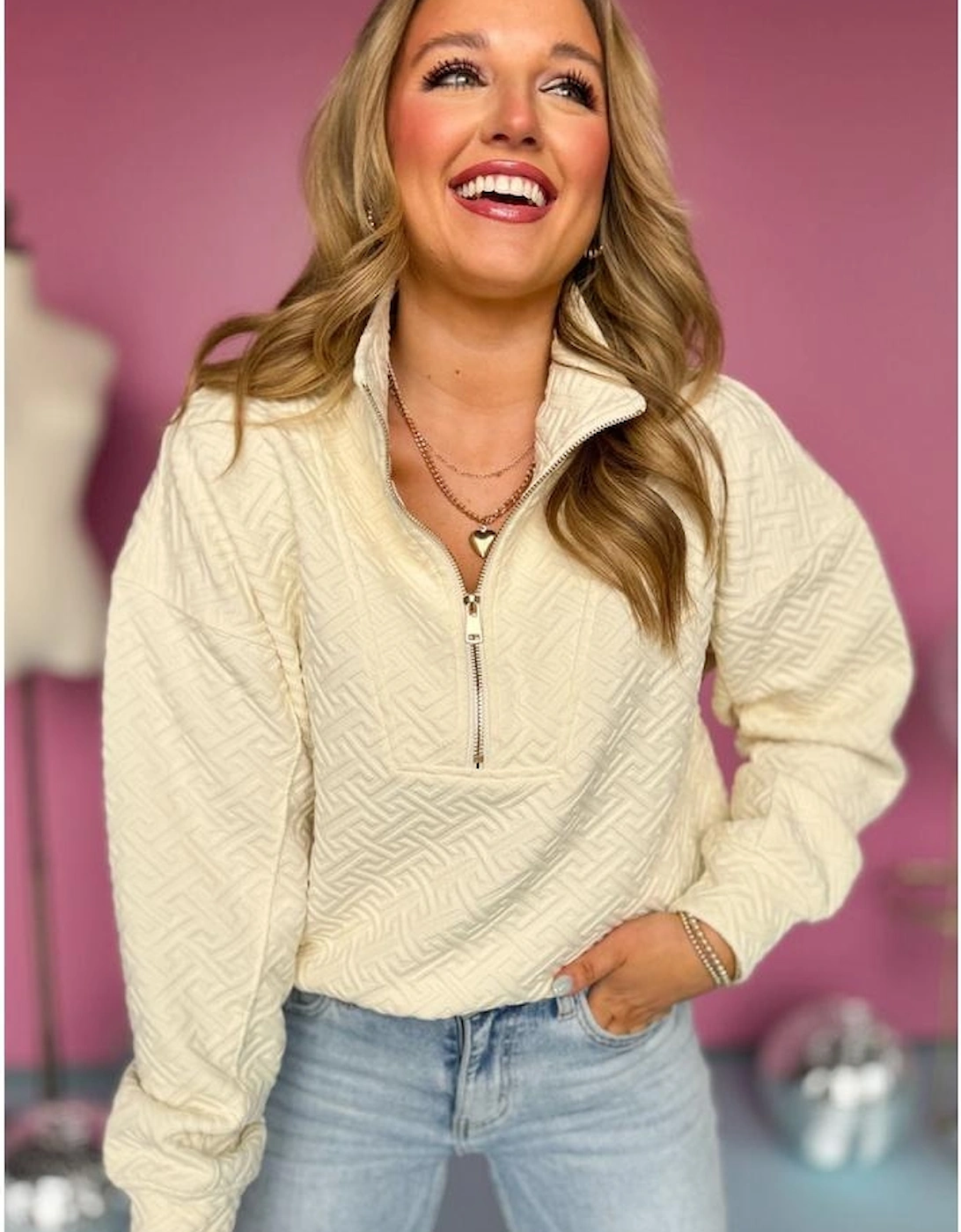 Beige Solid Textured Half Zipper Collared Sweatshirt