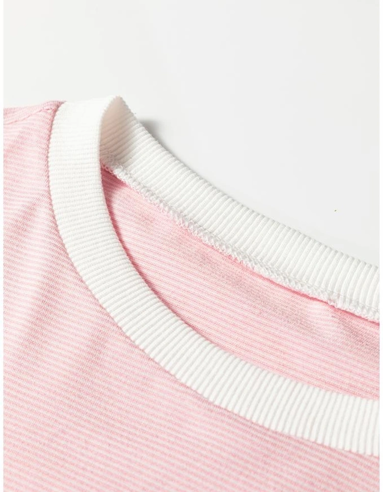 Pink Stripe Contrast Edge Patchwork Long Sleeve Top