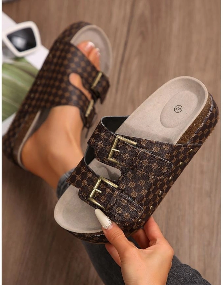 Coffee Checkered Print Dual Buckle Cut Out Platform Slippers