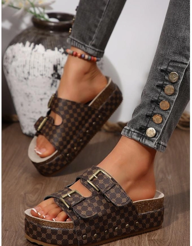 Coffee Checkered Print Dual Buckle Cut Out Platform Slippers