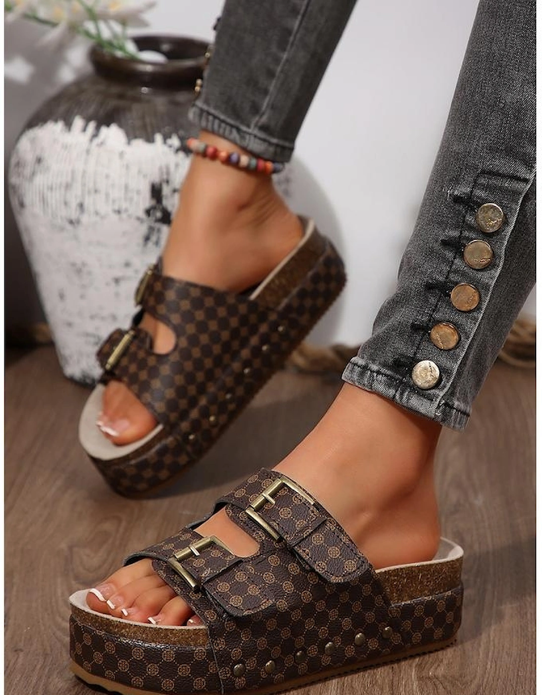 Coffee Checkered Print Dual Buckle Cut Out Platform Slippers