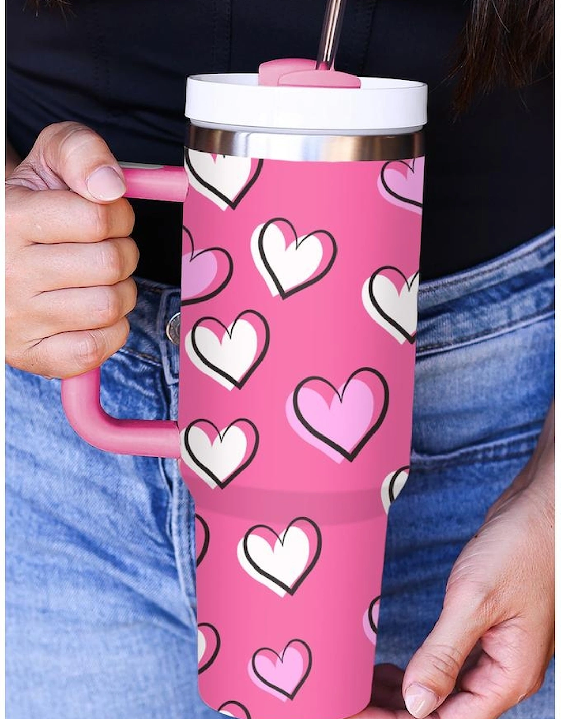 Azura Exchange Rose Red Valentines Heart Printed Thermos Cup with Handle