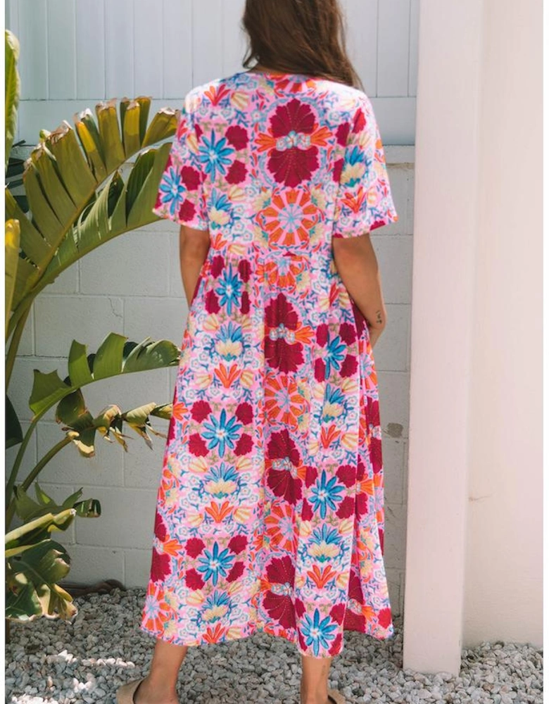 Rose Floral Tied Front High Waist Short Sleeve Loose Long Dress