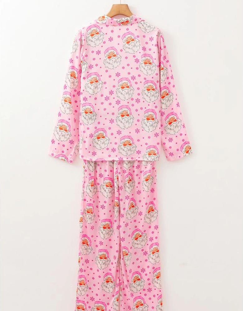 Pink Santa Claus Snowflake Long Sleeve Shirt Christmas Pajama Set