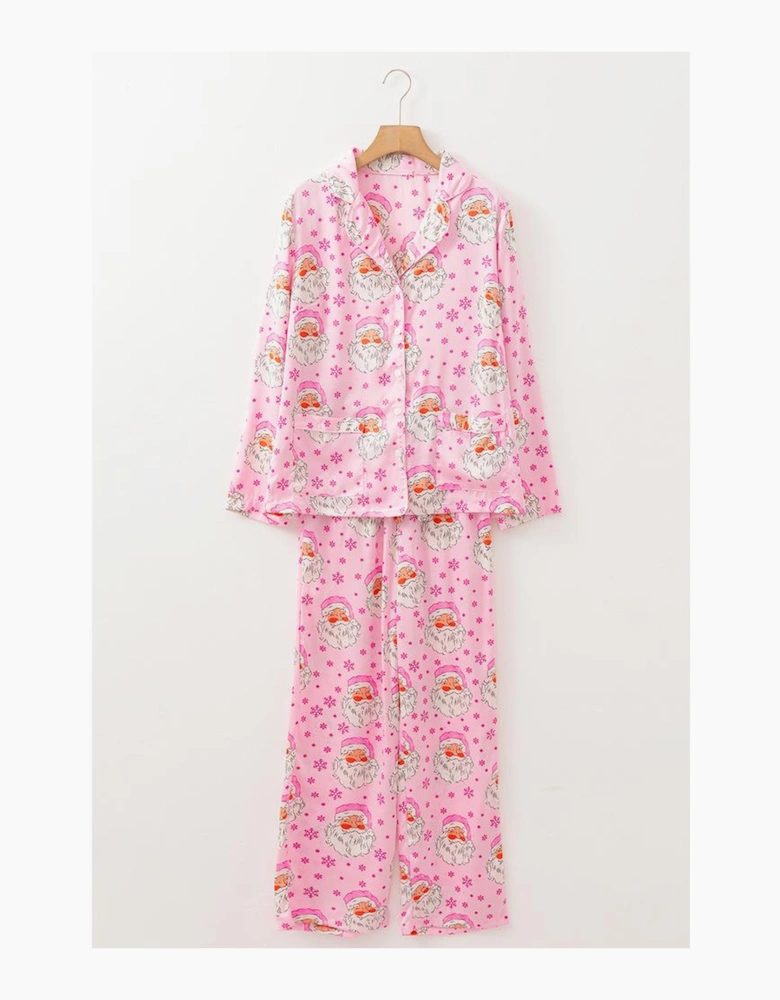 Pink Santa Claus Snowflake Long Sleeve Shirt Christmas Pajama Set