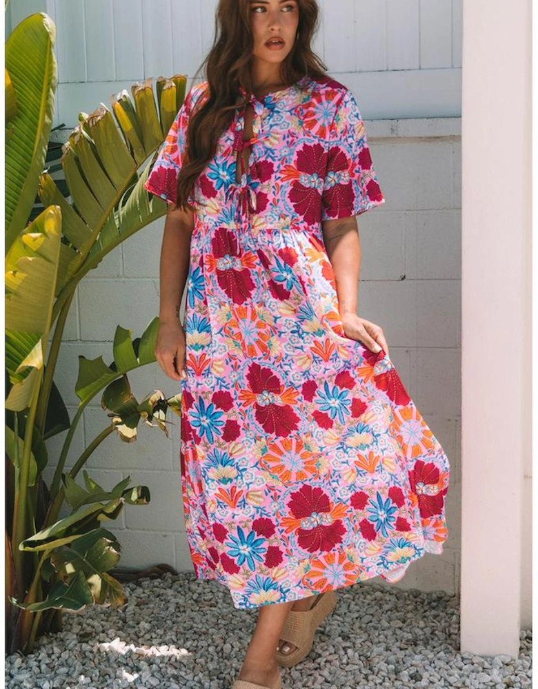 Rose Floral Tied Front High Waist Short Sleeve Loose Long Dress