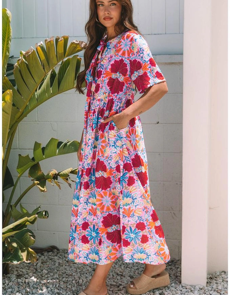 Rose Floral Tied Front High Waist Short Sleeve Loose Long Dress