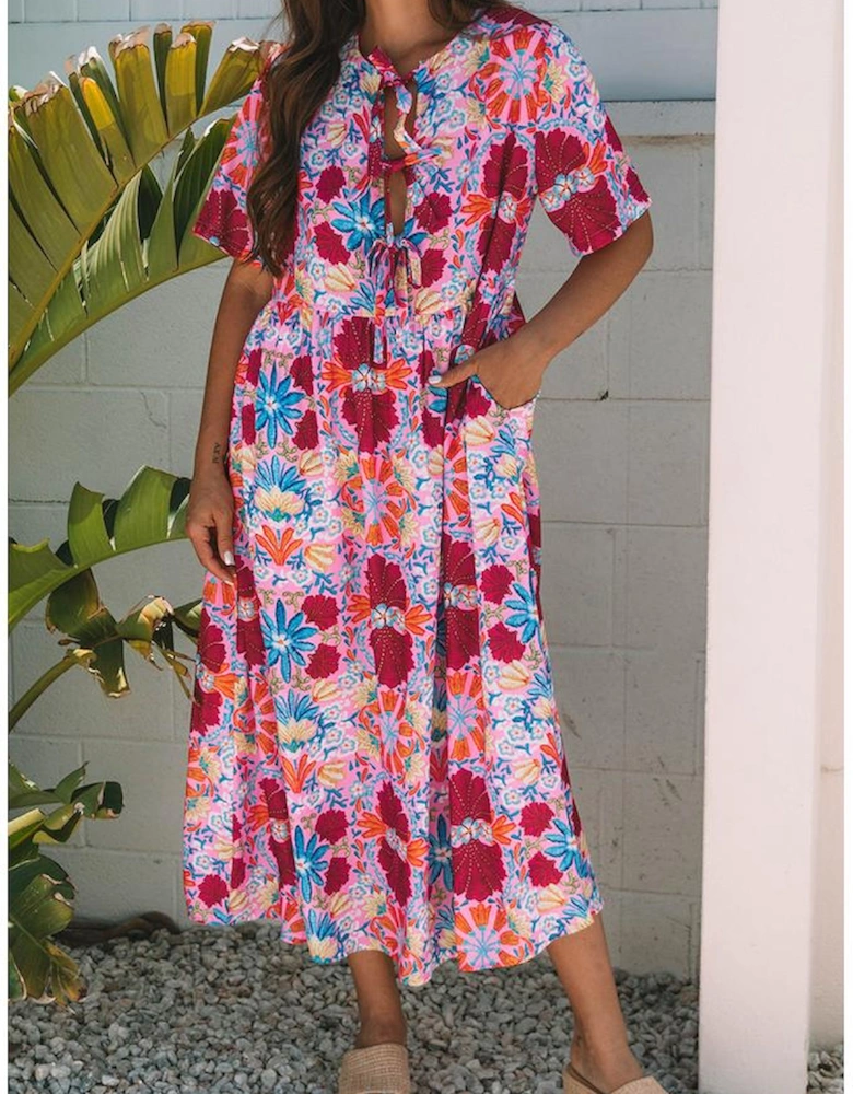 Rose Floral Tied Front High Waist Short Sleeve Loose Long Dress