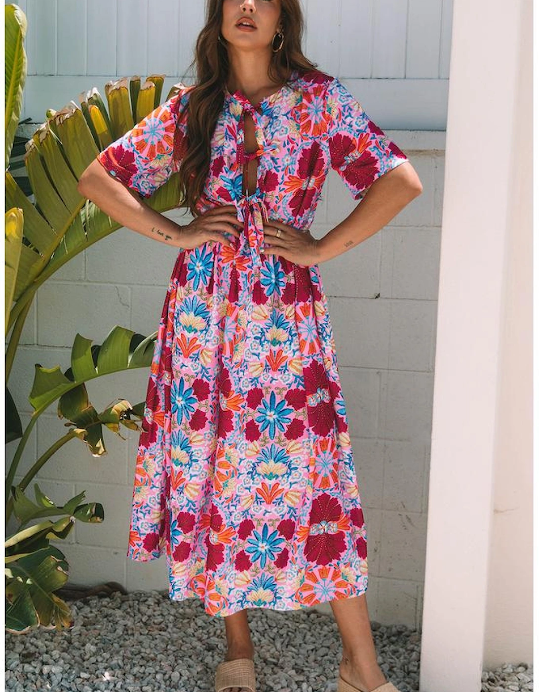 Rose Floral Tied Front High Waist Short Sleeve Loose Long Dress