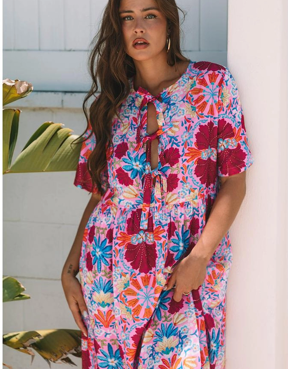 Rose Floral Tied Front High Waist Short Sleeve Loose Long Dress