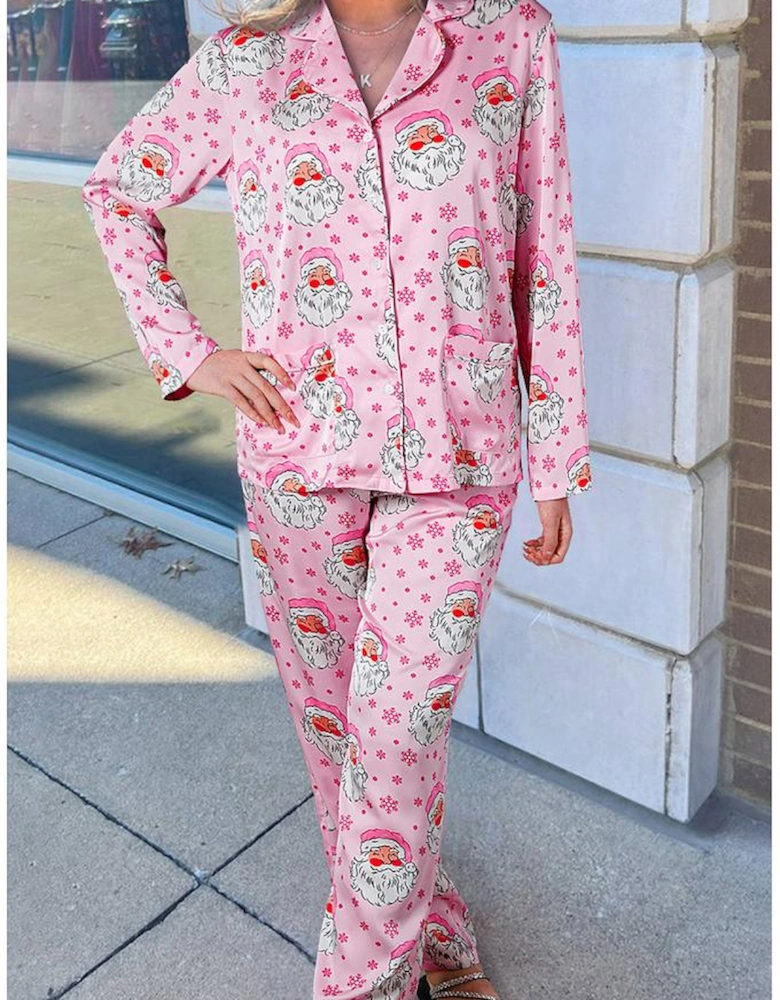 Pink Santa Claus Snowflake Long Sleeve Shirt Christmas Pajama Set