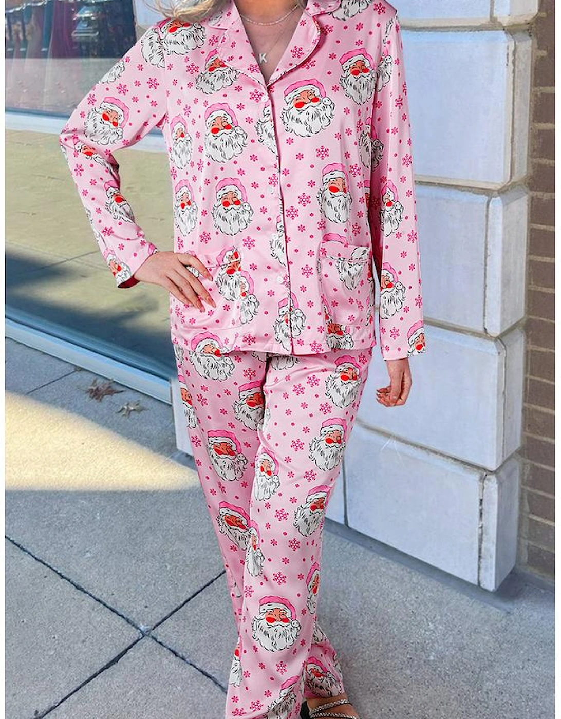 Pink Santa Claus Snowflake Long Sleeve Shirt Christmas Pajama Set