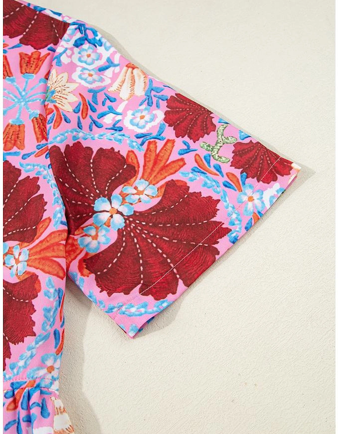 Rose Floral Tied Front High Waist Short Sleeve Loose Long Dress