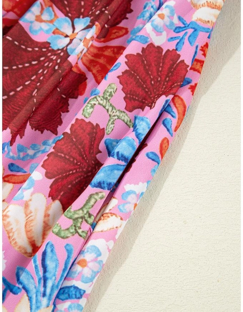 Rose Floral Tied Front High Waist Short Sleeve Loose Long Dress