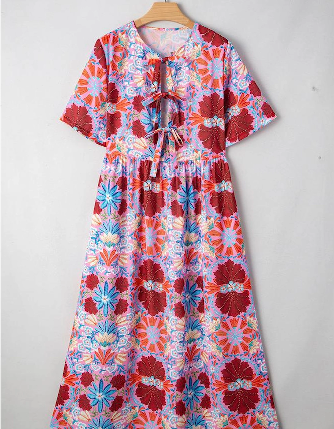Rose Floral Tied Front High Waist Short Sleeve Loose Long Dress