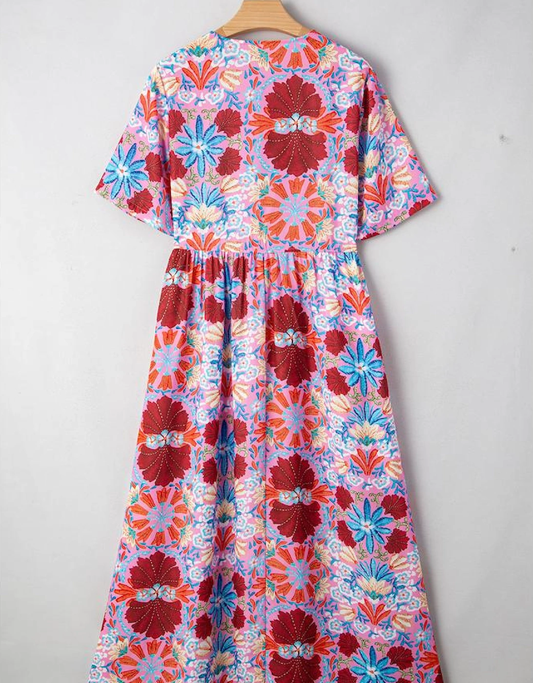 Rose Floral Tied Front High Waist Short Sleeve Loose Long Dress