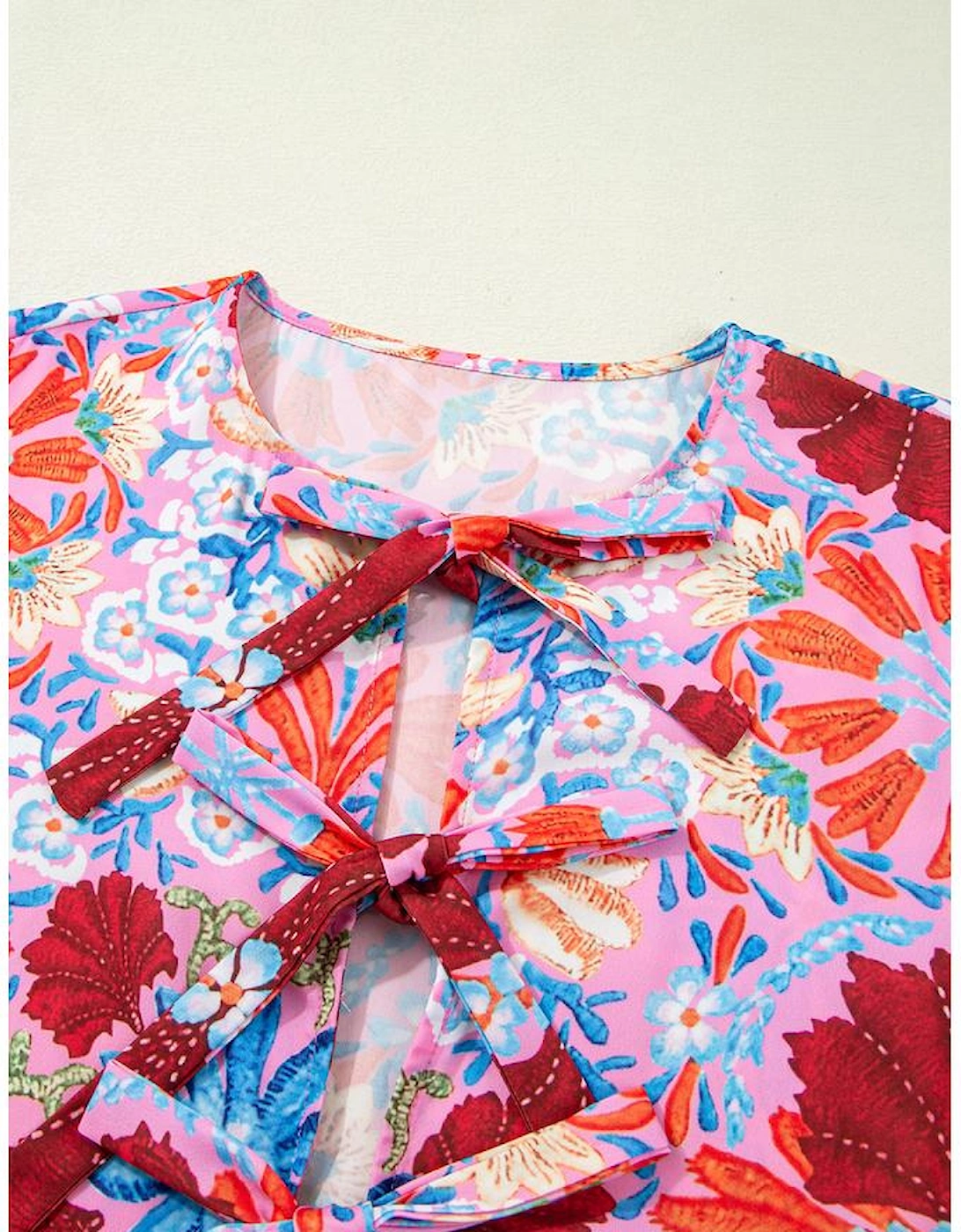 Rose Floral Tied Front High Waist Short Sleeve Loose Long Dress