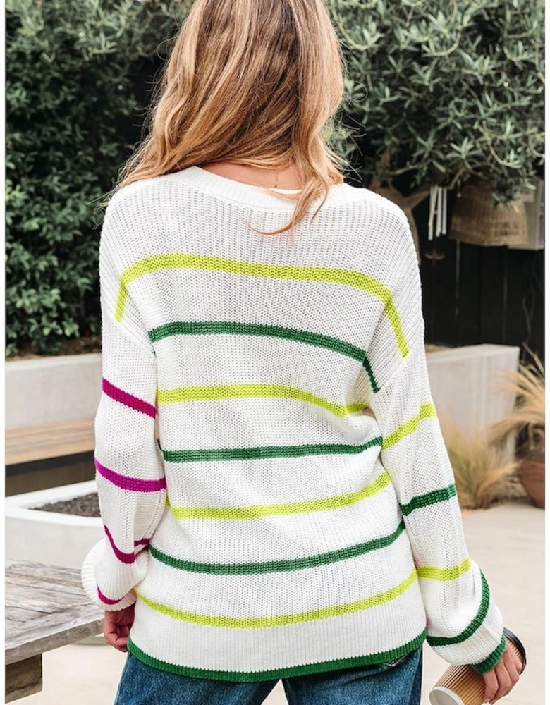 White Colorful Striped Drop Shoulder Crew Neck Sweater