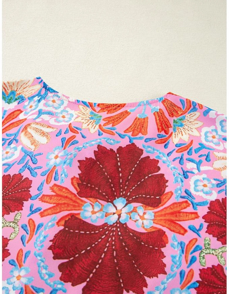 Rose Floral Tied Front High Waist Short Sleeve Loose Long Dress