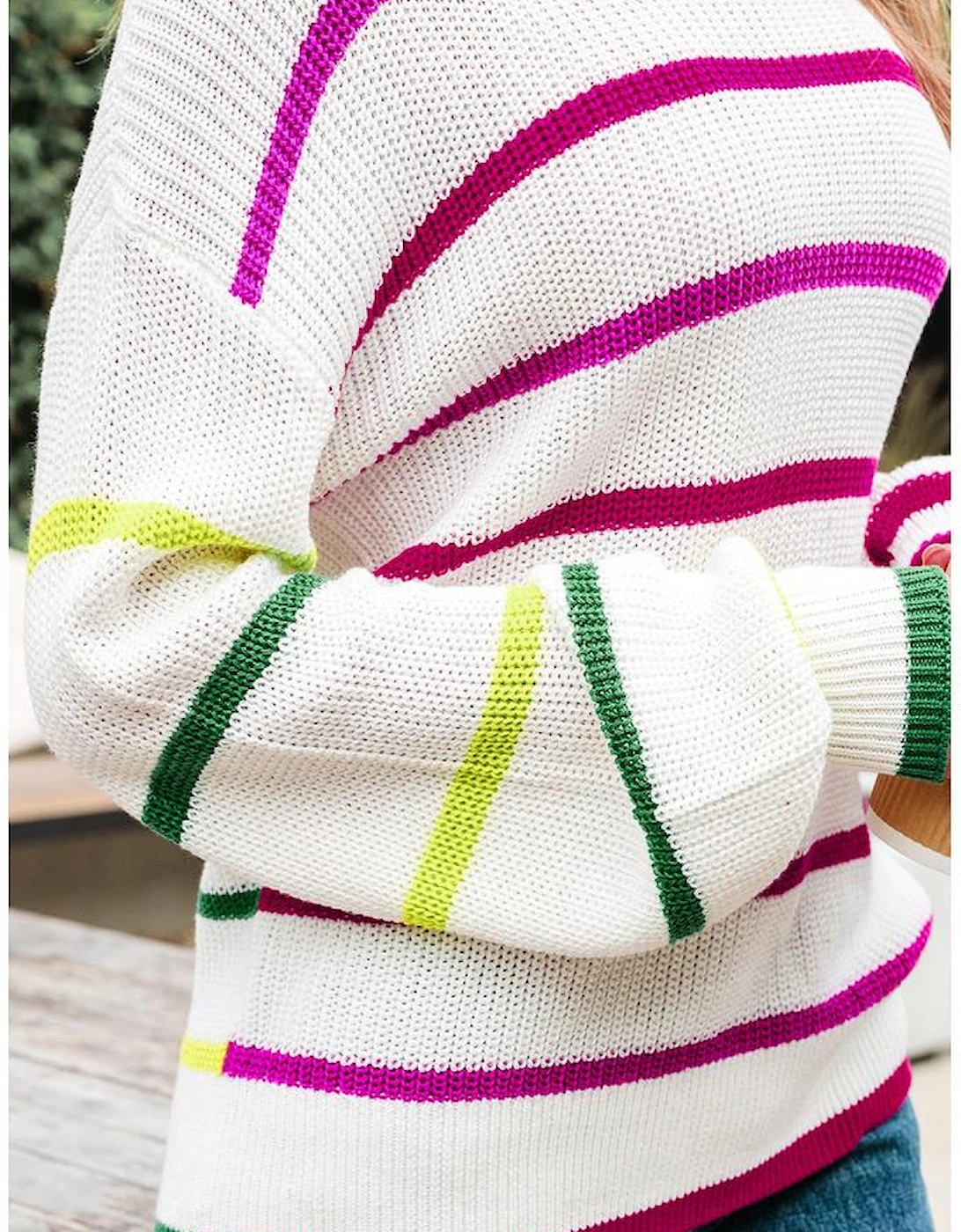 White Colorful Striped Drop Shoulder Crew Neck Sweater