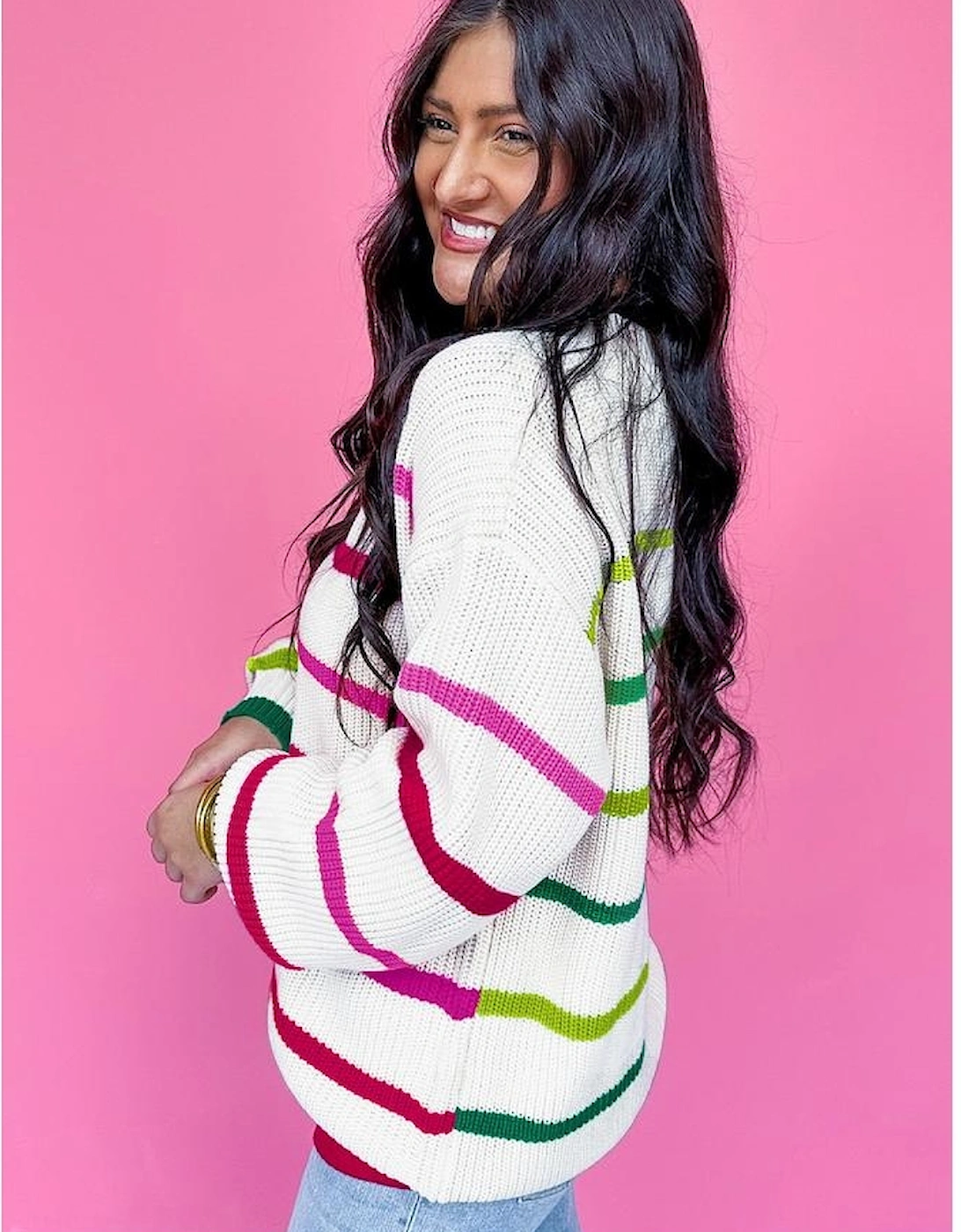 White Colorful Striped Drop Shoulder Crew Neck Sweater