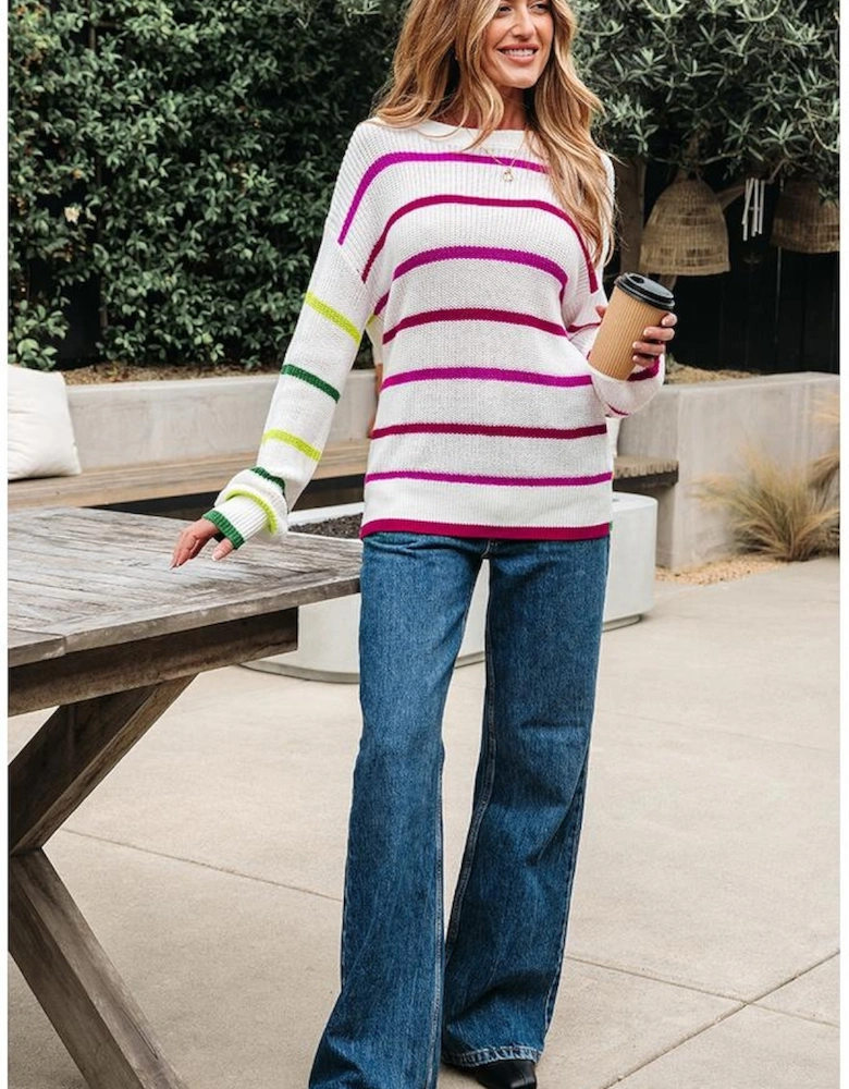 White Colorful Striped Drop Shoulder Crew Neck Sweater