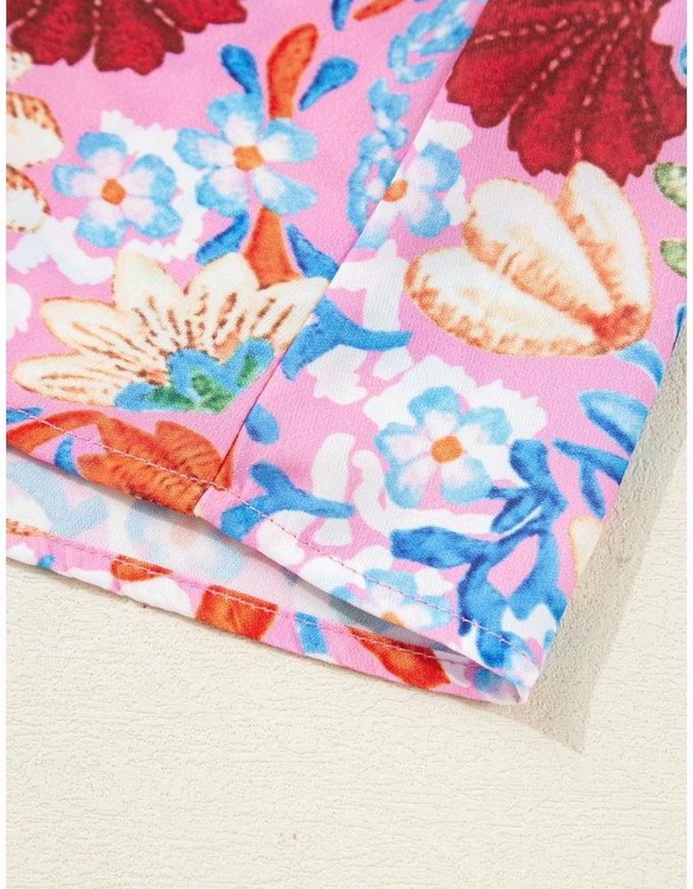 Rose Floral Tied Front High Waist Short Sleeve Loose Long Dress