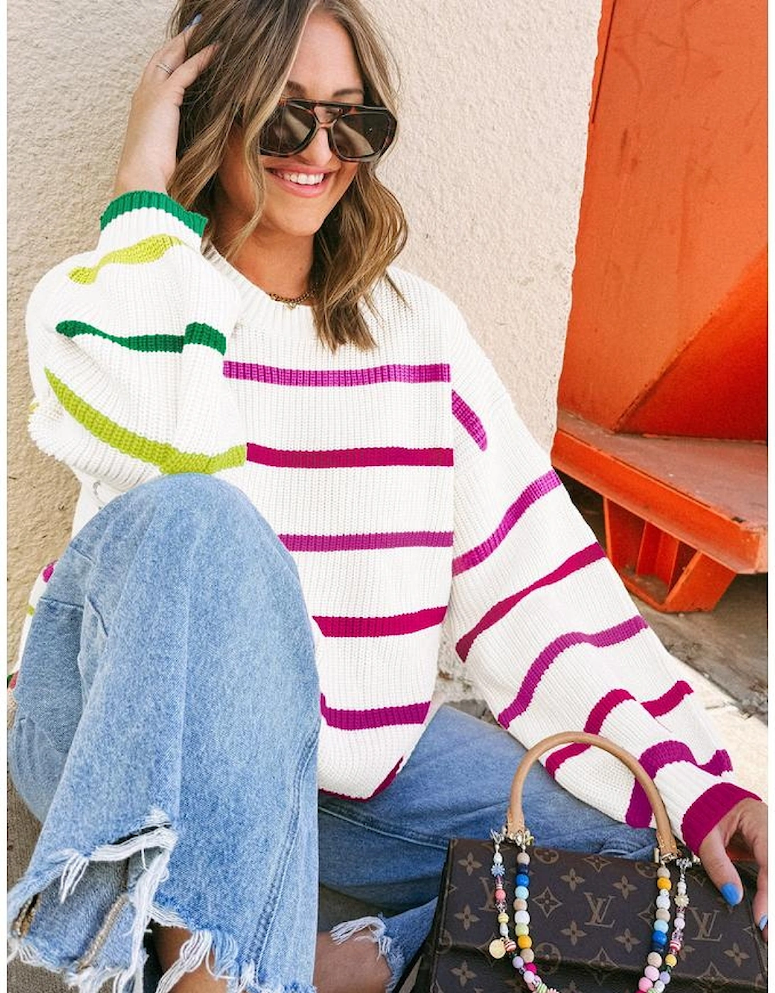 White Colorful Striped Drop Shoulder Crew Neck Sweater