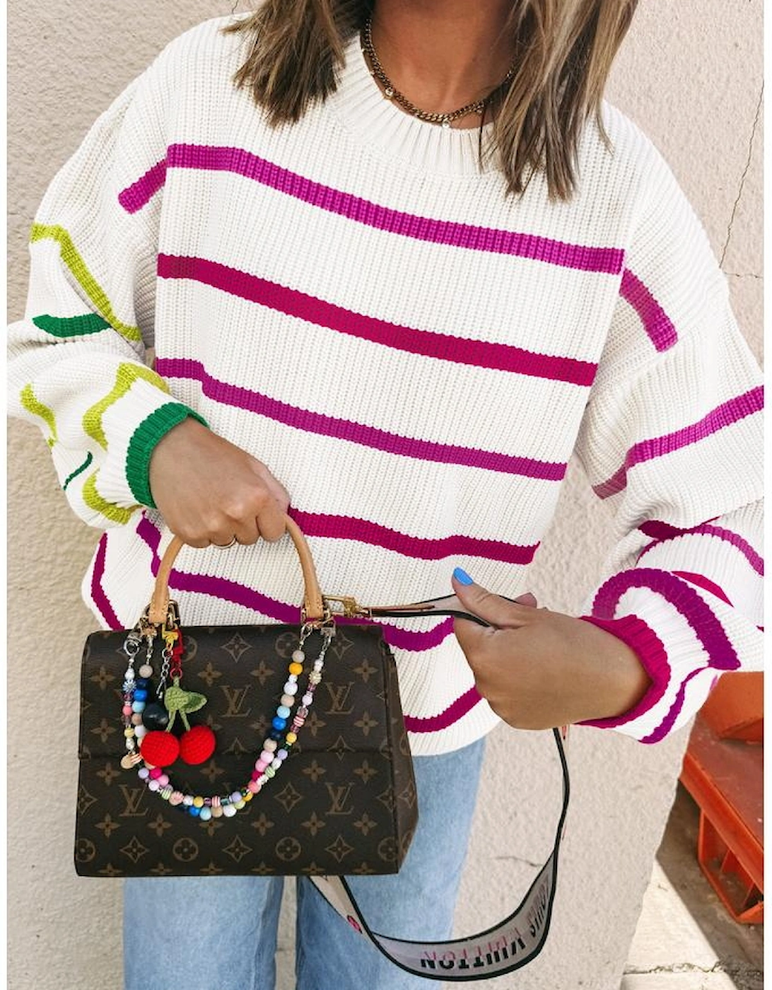 White Colorful Striped Drop Shoulder Crew Neck Sweater