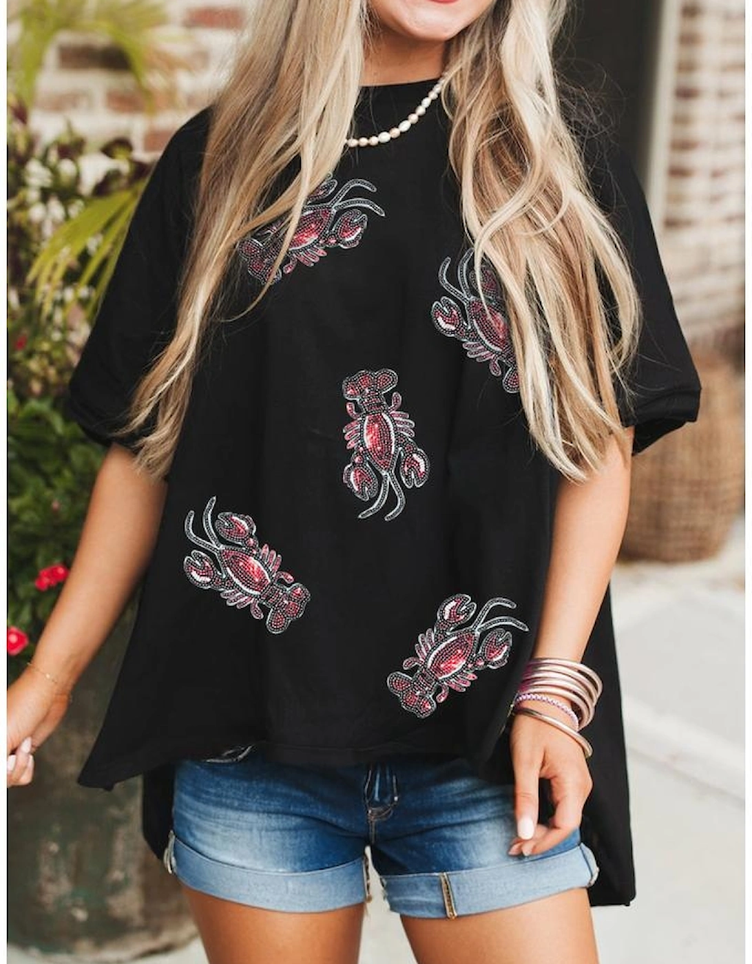 Black Sequin Crawfish Graphic High Low Loose T Shirt