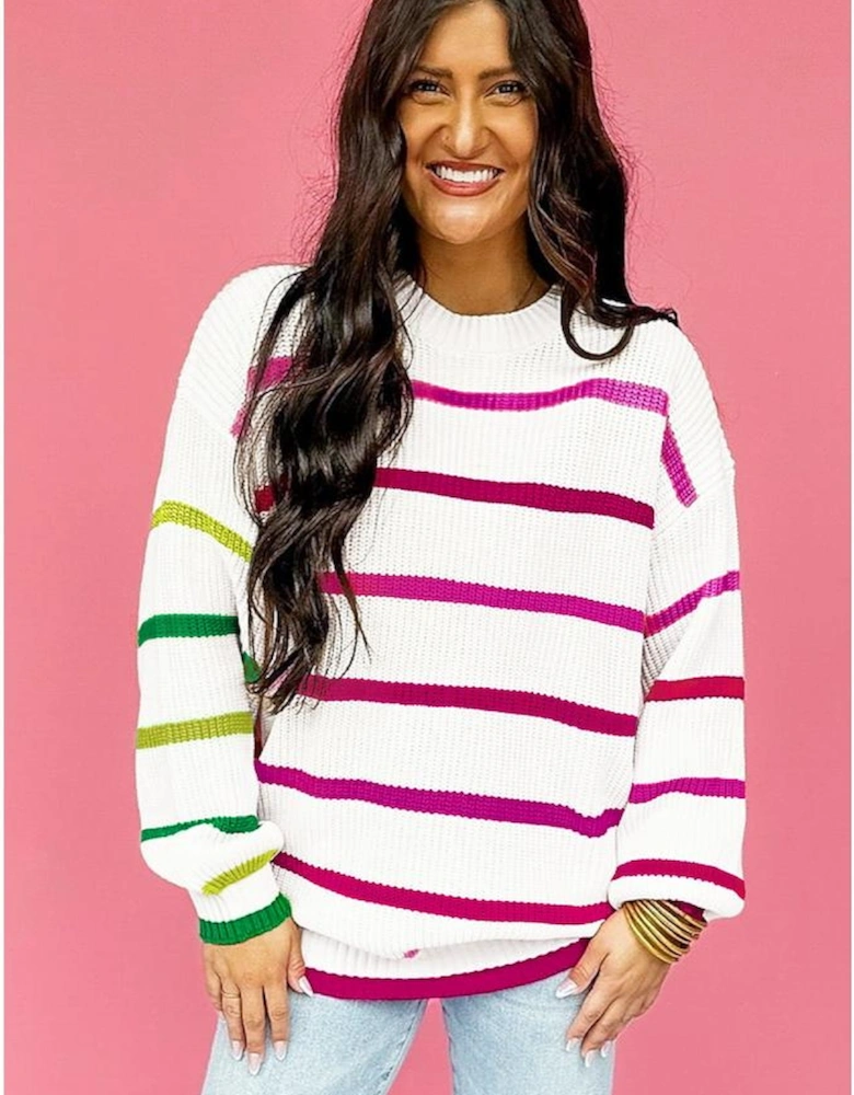 White Colorful Striped Drop Shoulder Crew Neck Sweater