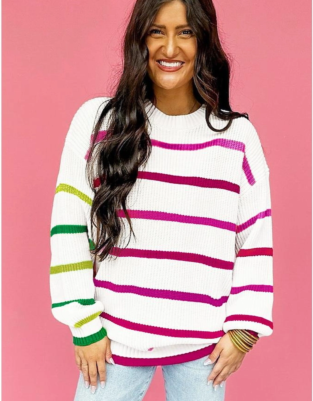 White Colorful Striped Drop Shoulder Crew Neck Sweater