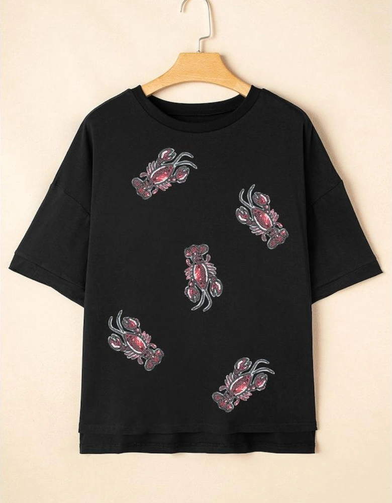 Black Sequin Crawfish Graphic High Low Loose T Shirt