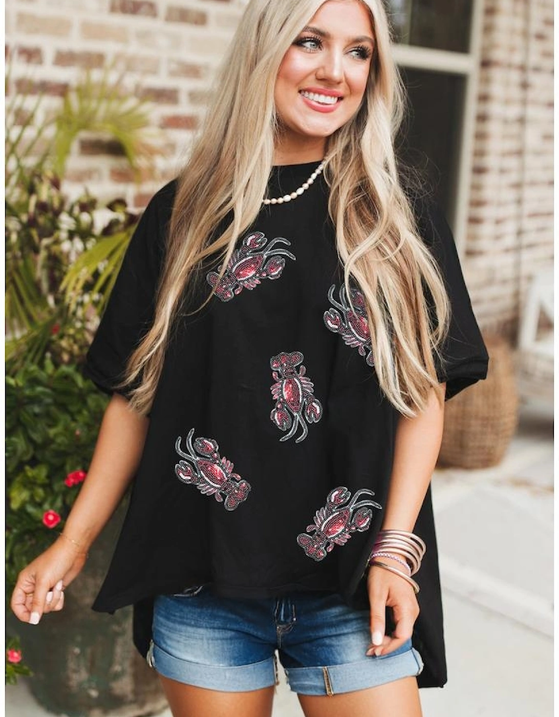 Black Sequin Crawfish Graphic High Low Loose T Shirt, 5 of 4