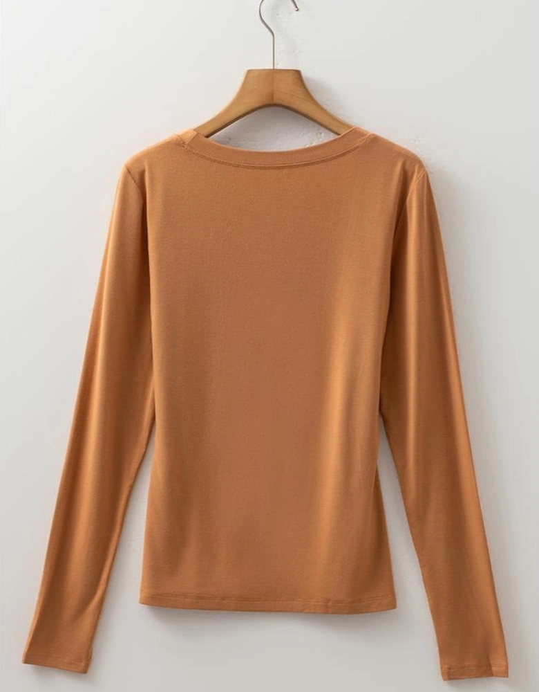 Chestnut Solid Color Long Sleeve Fitted Top