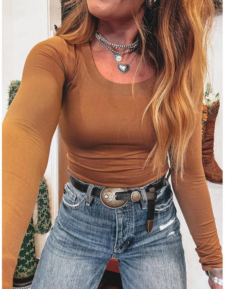 Chestnut Solid Color Long Sleeve Fitted Top