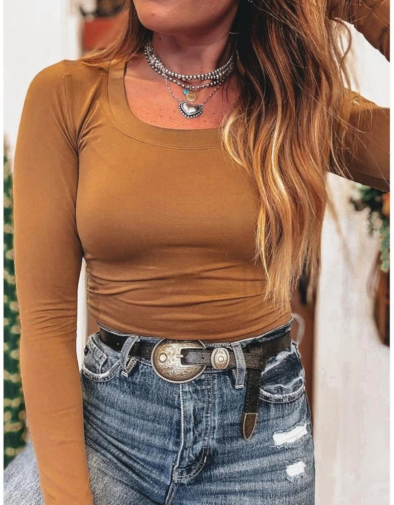 Chestnut Solid Color Long Sleeve Fitted Top