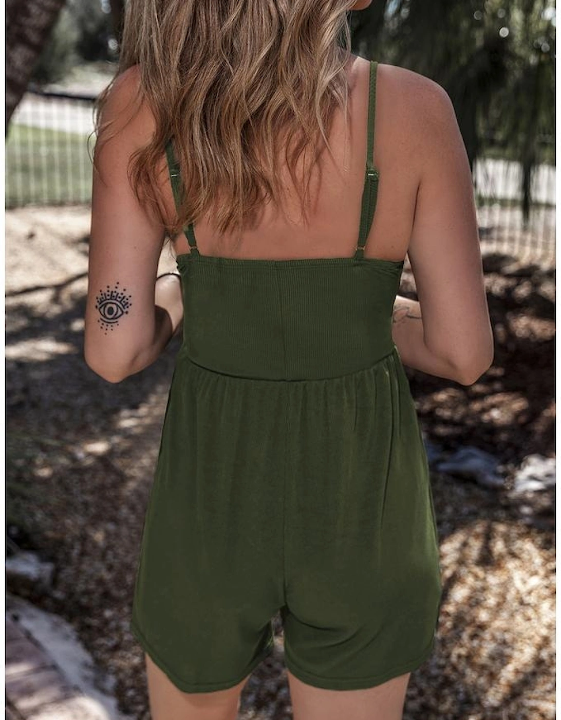 Moss Green Spaghetti Straps Cinched Waist Ribbed Romper, 10 of 9