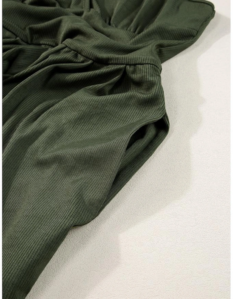 Moss Green Spaghetti Straps Cinched Waist Ribbed Romper