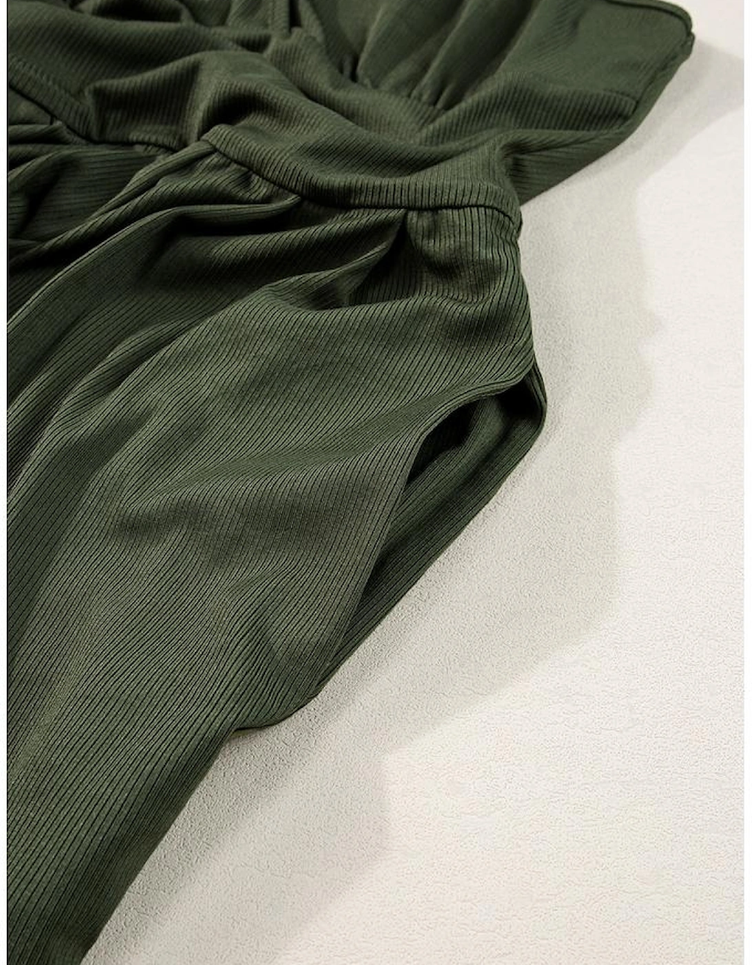 Moss Green Spaghetti Straps Cinched Waist Ribbed Romper