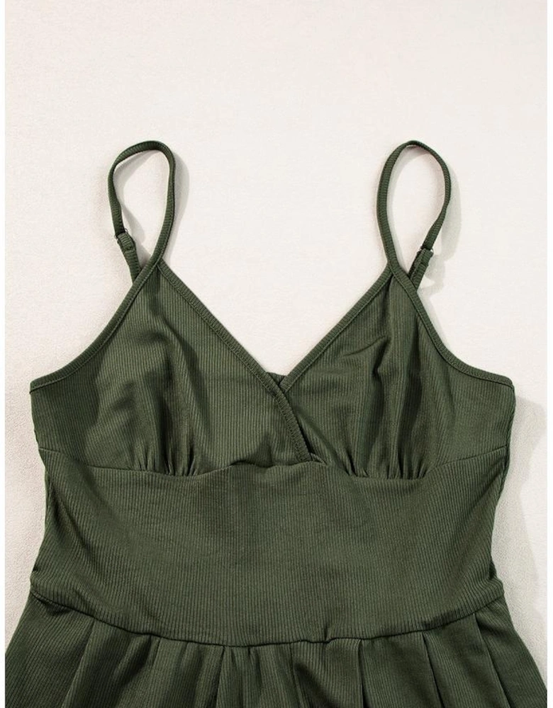 Moss Green Spaghetti Straps Cinched Waist Ribbed Romper