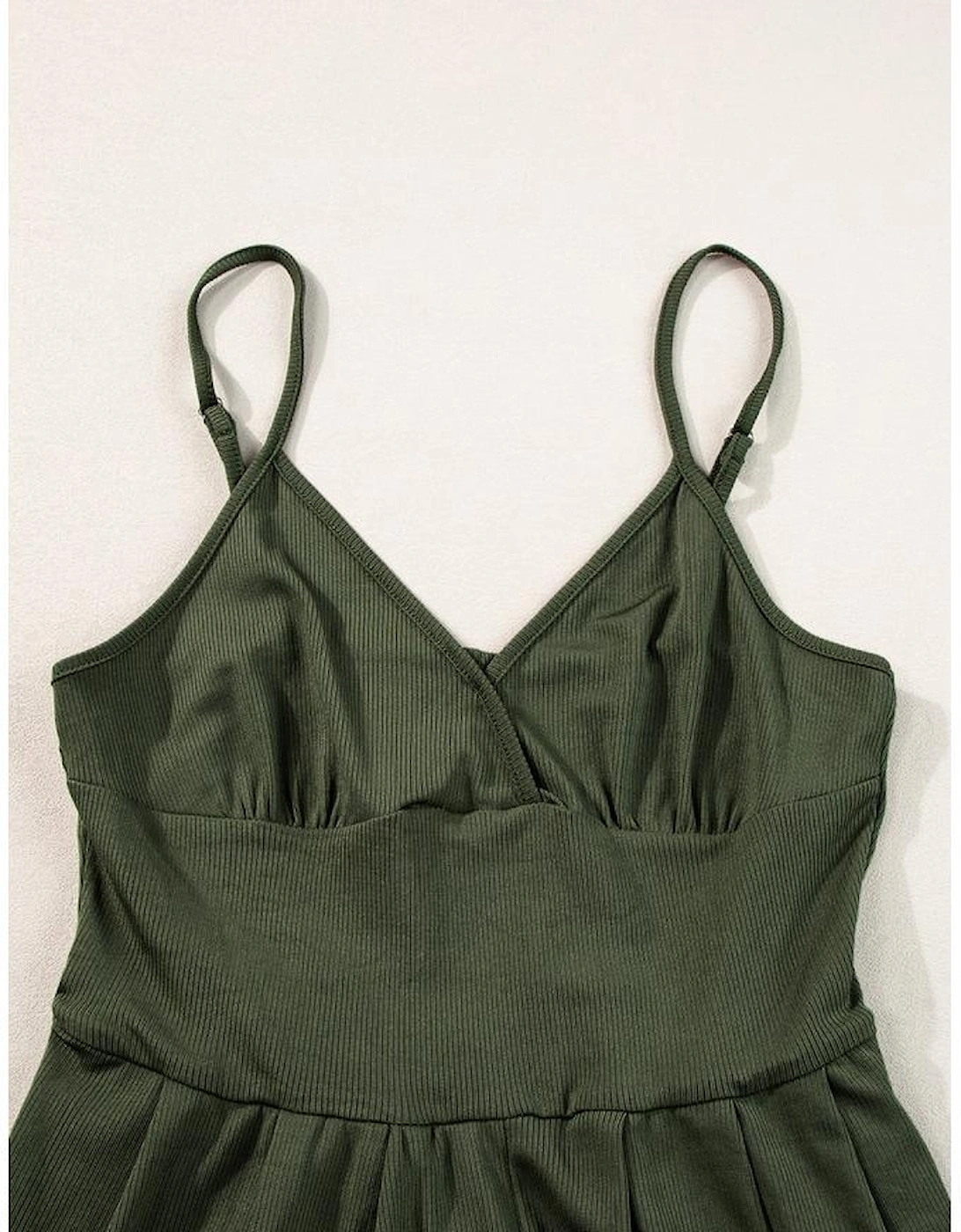 Moss Green Spaghetti Straps Cinched Waist Ribbed Romper