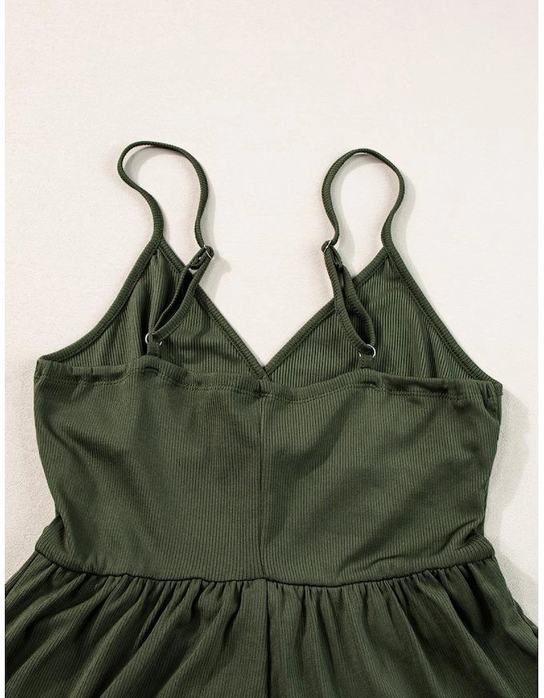 Moss Green Spaghetti Straps Cinched Waist Ribbed Romper